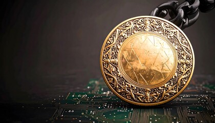 Ornate golden shield resting on a circuit board