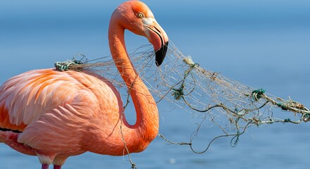 Nylon fishing net wrapped around a flamingo's neck and beak, ultra-realistic, Generative AI.