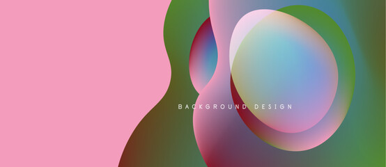 Abstract colorful shapes overlap. Pink, green, purple hues blend creating modern visual effect. Smooth gradients dominate composition.