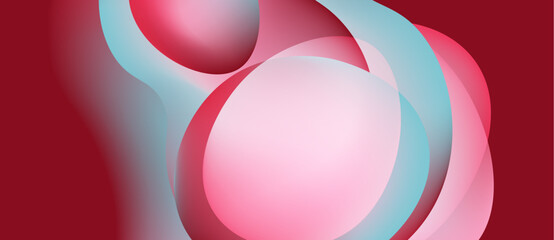 Abstract fluid shapes, pinks, blues blend. Smooth gradients create dynamic composition. Modern design, soft lighting, elegant curves.