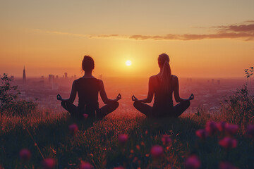 A young couple practicing yoga on a grassy hill at sunset, warm orange and pink tones, teamwork and connection, with the city skyline blurred in the background.
