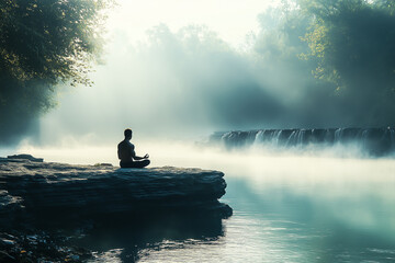 A fit man meditating on a large rock on the bank of a river, a soft morning mist rising in front of him, stillness, a peaceful and introspective mood, the beauty of nature surrounding him.