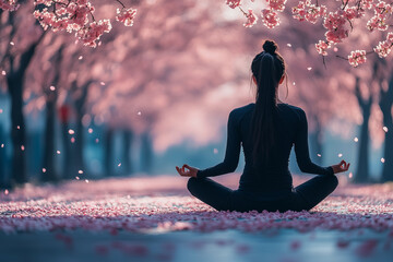 A woman doing yoga in a deep meditation pose under cherry blossom trees, petals falling all around, soft sunlight, pink tones, harmonious spring energy.