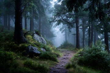 Murky timberland presenting separated tracks within enveloping radiance  
