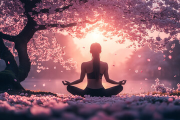 A woman doing yoga in a deep meditation pose under cherry blossom trees, petals falling all around, soft sunlight, pink tones, harmonious spring energy.