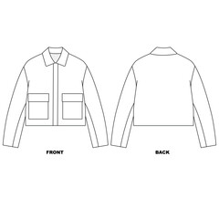 Vector Illustration of a jacket with a collar and pockets, front and back views. Blank template for a basic windbreaker jacket.