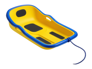 Bright yellow kids' sled with reinforced edges and pull cord for snowy adventures