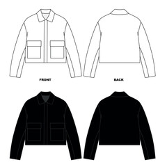 A set of illustrations of a bomber jacket with a collar and pockets, front and back views. A template for a basic windbreaker jacket in white and black.