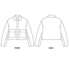 Illustration of a jacket with a collar and pockets, front and back views. Blank template for a basic windbreaker jacket.