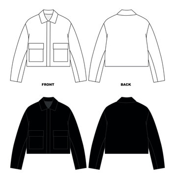 A set of illustrations of a bomber jacket with a collar and pockets, front and back views. A template for a basic windbreaker jacket in white and black.