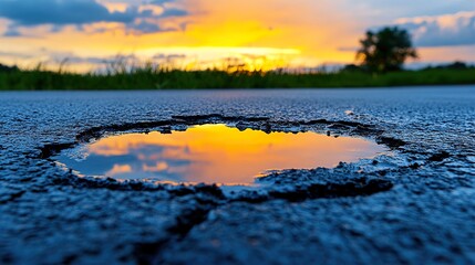 Close-up of the reflection in a puddle on an asphalt road at sunset. Reflection in sunset puddle.