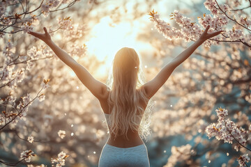 A blonde woman from behind doing a stretching pose under cherry blossom trees, petals falling all around, soft sunlight, pink tones, harmonious spring energy.