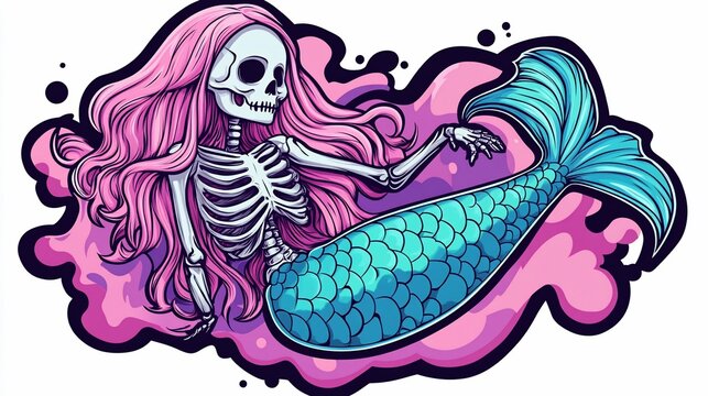 recommend clip art: Mermaid skeleton illustration with pink flowing hair and turquoise tail, lying down on abstract pink smoke