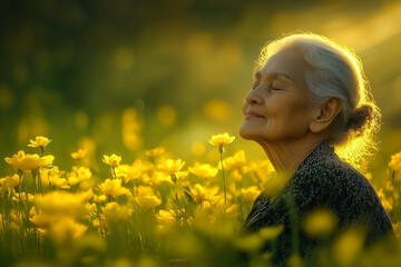 An old woman sits in a relaxing position within a forest of flowers, her eyes closed, her expression calm, and soft golden rays filtering through the dense vegetation.