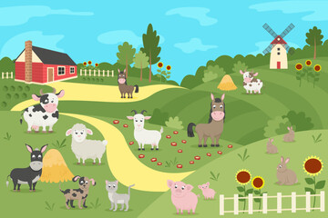 Set of farm animals with summer landscape. Cow, horse, donkey, sheep, goat, pig, rabbit, dog and cat. Vector illustration in flat style.