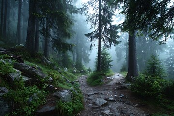 Obraz premium Vapor-laden forest showing split walkways under ethereal glow 