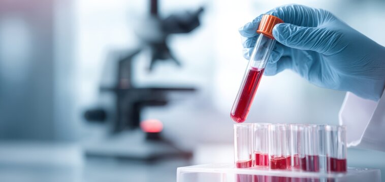 The laboratory technician handles a blood sample in a professional setting.