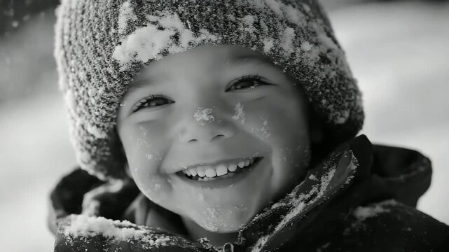  A black and white video portrait of a smiling boy captures the nostalgic atmosphere of winter. The retro aesthetic and simple expression convey warmth, innocence, and timeless childhood moments.