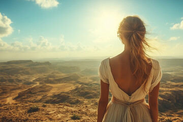 A blonde woman stands with her back to the camera on the edge of a desert canyon, the wind flowing through her dress, a vast open space, a sense of freedom and connection to the earth.