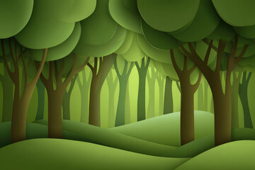 Obraz premium Lush green forest illustration with elegant abstract outlines, layered trees, and rolling hills, creating peaceful and serene atmosphere in stylized nature landscape