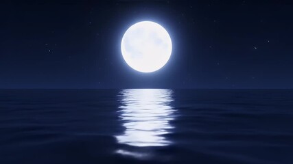 A bright full moon shines over the calm ocean at night, with stars in the dark blue sky and a reflection on the water. - Powered by Adobe