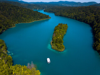 Plitvice lakes national park upper lakes and boat  aerial birds eye view, landscape of Croatia.