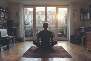 A man sitting in the lotus position inside a minimalist home office, with a laptop and notebooks nearby, practicing mindful breathing before starting work.