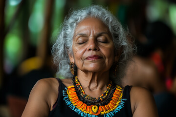 A woman sitting in a relaxed position, eyes closed, and with a calm expression. Dressed in a variety of decorative colors.