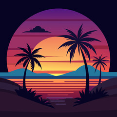 Obraz premium Sunset Paradise: Silhouette of palm tree gracefully dances against the vibrant sunset over the ocean. Embracing the serene view.