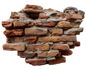 Old brick wall fragment with rough texture, weathered red and orange bricks, exposed mortar, and vintage architectural element, evoking rustic and historic charm