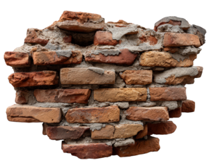 Old brick wall fragment with rough texture, weathered red and orange bricks, exposed mortar, and vintage architectural element, evoking rustic and historic charm