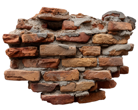 Old brick wall fragment with rough texture, weathered red and orange bricks, exposed mortar, and vintage architectural element, evoking rustic and historic charm