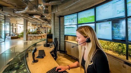 Bright office entrance featuring a receptionist coordinating calls on a headset at a curved glass counter visitor badges organized in trays with green plants and interactive
