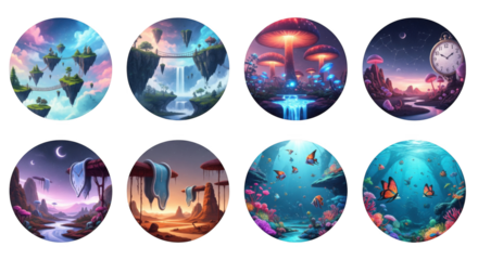Whimsical Dreamscapes: A Circular Collection of Fantasy Worlds in Digital Art
