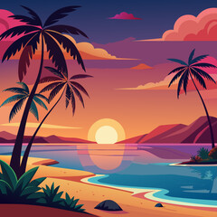 Tropical Sunset Paradise: A stunning sunset paints the sky with vibrant colors as the sun dips below the horizon, casting its warm glow upon the ocean. Palm trees frame the serene beach.