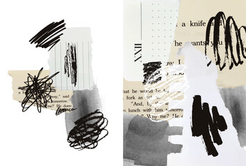 Neutral collage background for your creative zine design. Wall art poster in paper and crayon mixed media technique. Base for post, social media, advertising, cover or affiche. 