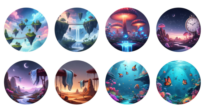 Whimsical Dreamscapes: A Circular Collection of Fantasy Worlds in Digital Art
