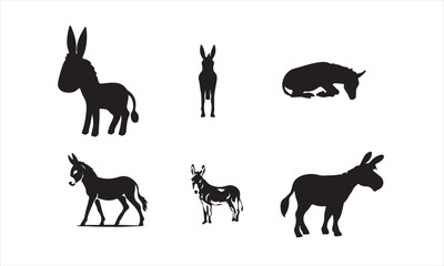 Set of donkey silhouettes isolated on white background, vector illustration
