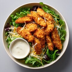 Fototapeta premium Fresh crispy breaded chicken tenders served on a bed of mixed salad greens with shredded cheese and a side of creamy dipping sauce in a white bowl
