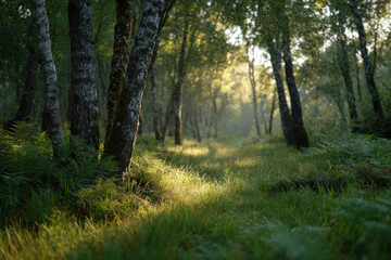 Fototapeta premium experience breathtaking beauty of summer dawn in lush forest where soft light filters through leaves