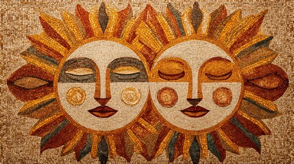 A mosaic depicting two suns, side-by-side, with closed eyes and ornate sun ray details