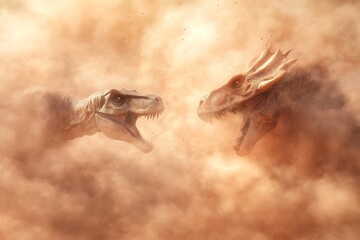 Obraz premium Intense dinosaur confrontation in dusty battle scene