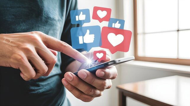 Man using smartphone with social media like and heart icons floating around the device screen - Powered by Adobe