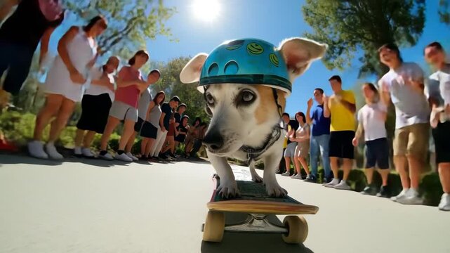 Cinematic action shot of an adorable dog riding a skateboard through a cheering crowd, joyful, playful pet balancing with speed and agility, urban street stunt full of energy and fun.

