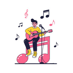 Man Sitting on Music Note Playing an Acoustic Guitar