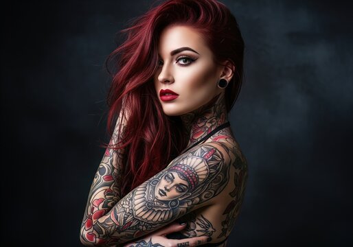 Intense Studio Portrait of a Young Woman with Fiery Red Hair and Intricately Tattooed Arms, Exuding Confidence