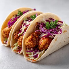 Three crispy fried chicken tacos filled with fresh purple cabbage lettuce and garnished with cilantro on soft flour tortillas, close-up