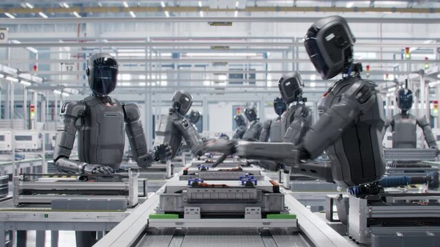 3D Animation: Autonomous AI Powered Humanoid Robots Work at Factory on Assembly Line. Industrial Automation AI Accelerated: Advanced Robot Working on Complex Detail in Industrial Environment.