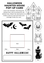 Naklejka premium Halloween Haunted House Pop-Up Card for Kids, DIY Coloring Craft Template for Spooky Classroom Fun, Halloween Party, Creative Activity