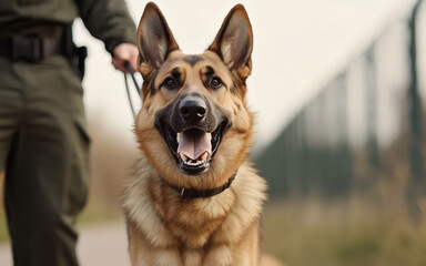 German shepherd dog portrait as border control officer hold leash firmly. The Dog’s posture highlights alertness and power with the fence in the background, enhancing the security atmosphere.